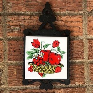 Vintage Hand Painted Floral & Fruit Ceramic Tile Trivet Framed in Black Metal